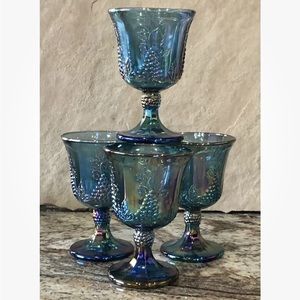 FOUR Vintage Colony by Indiana Glass Blue Harvest Carnival Glass Goblets MINT!